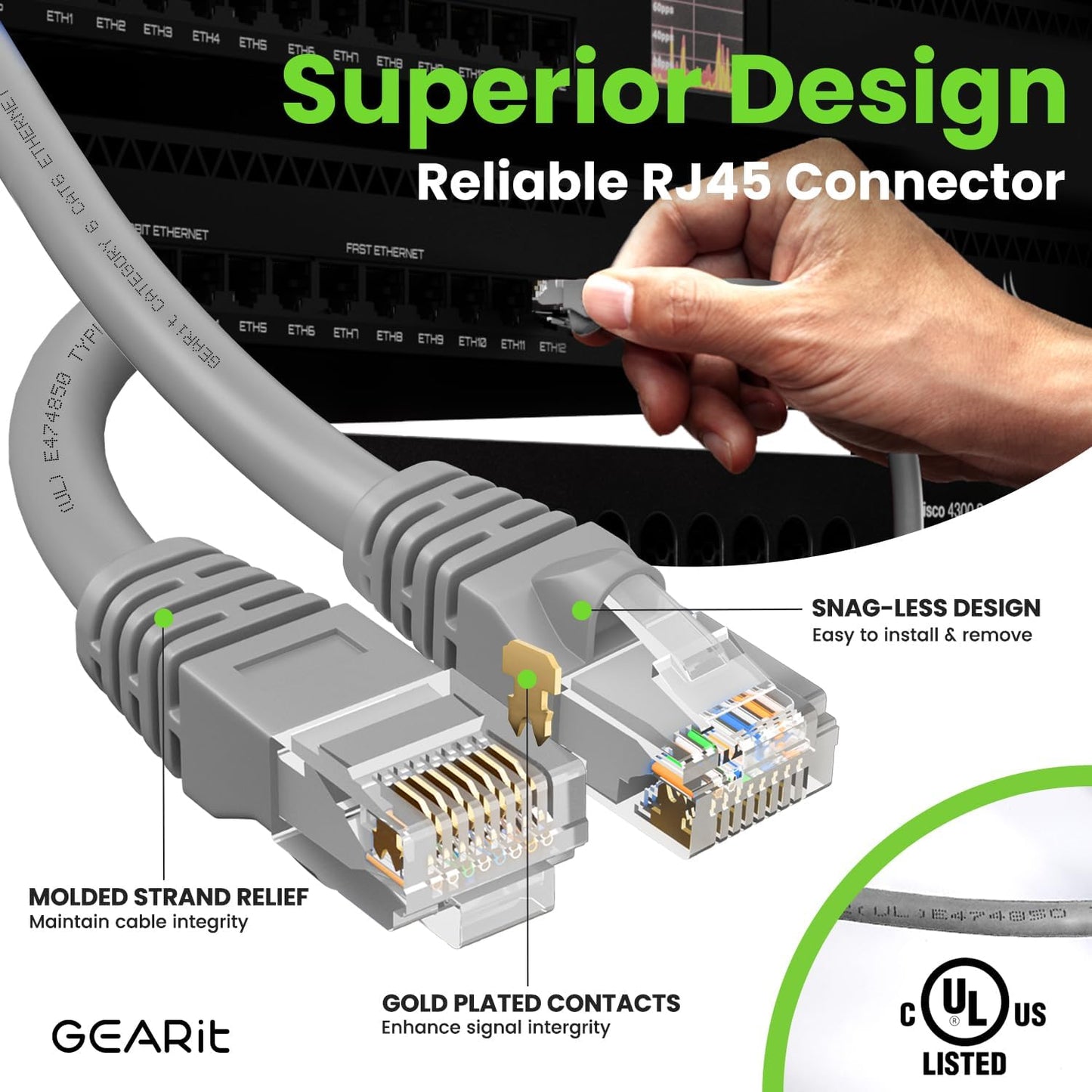 GEARit Cat 6 Ethernet Cable (1-Pack 10 Feet) Cat6 Network Patch, 10Gbps, RJ45, Snagless Cord, Gold-Plated Connectors, Internet for PC, TV, Tablet, Router, Printer, Servers, IT Data Center - Gray