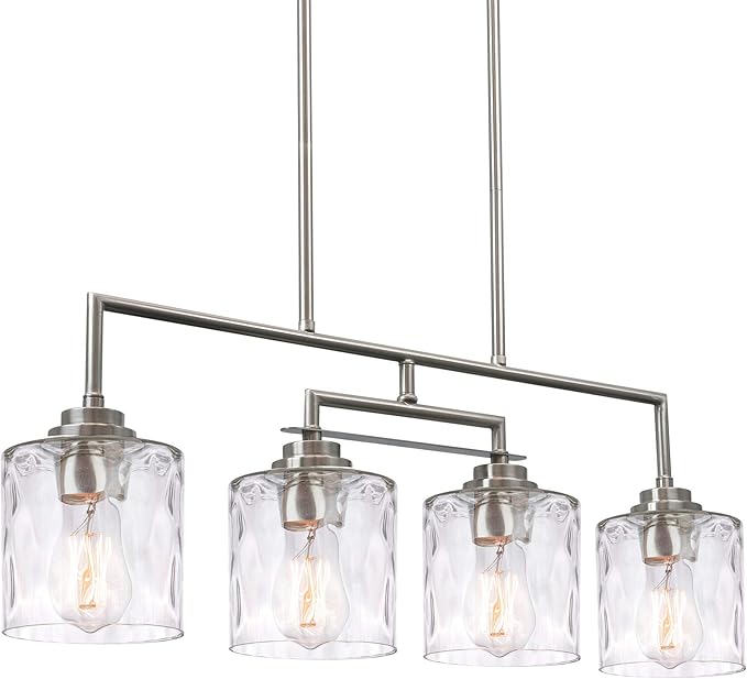 Kira Home Monroe 28" Modern 4-Light Island Light, Free Swinging Center Arm + Hammered Glass Shades, Adjustable Hanging Height, Brushed Nickel Finish