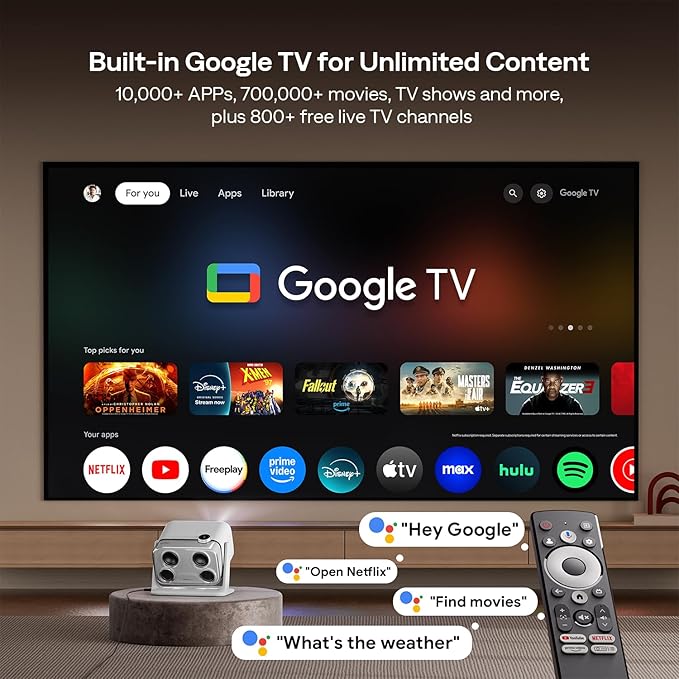 Aurzen BOOM mini Google TV Movie Projector with WiFi and Bluetooth, Voice Control, Family Mode, 20W Dolby Audio, Real-Time Focus, 4K Supported Smart Portable Home Theater Projector Outdoor, Grey