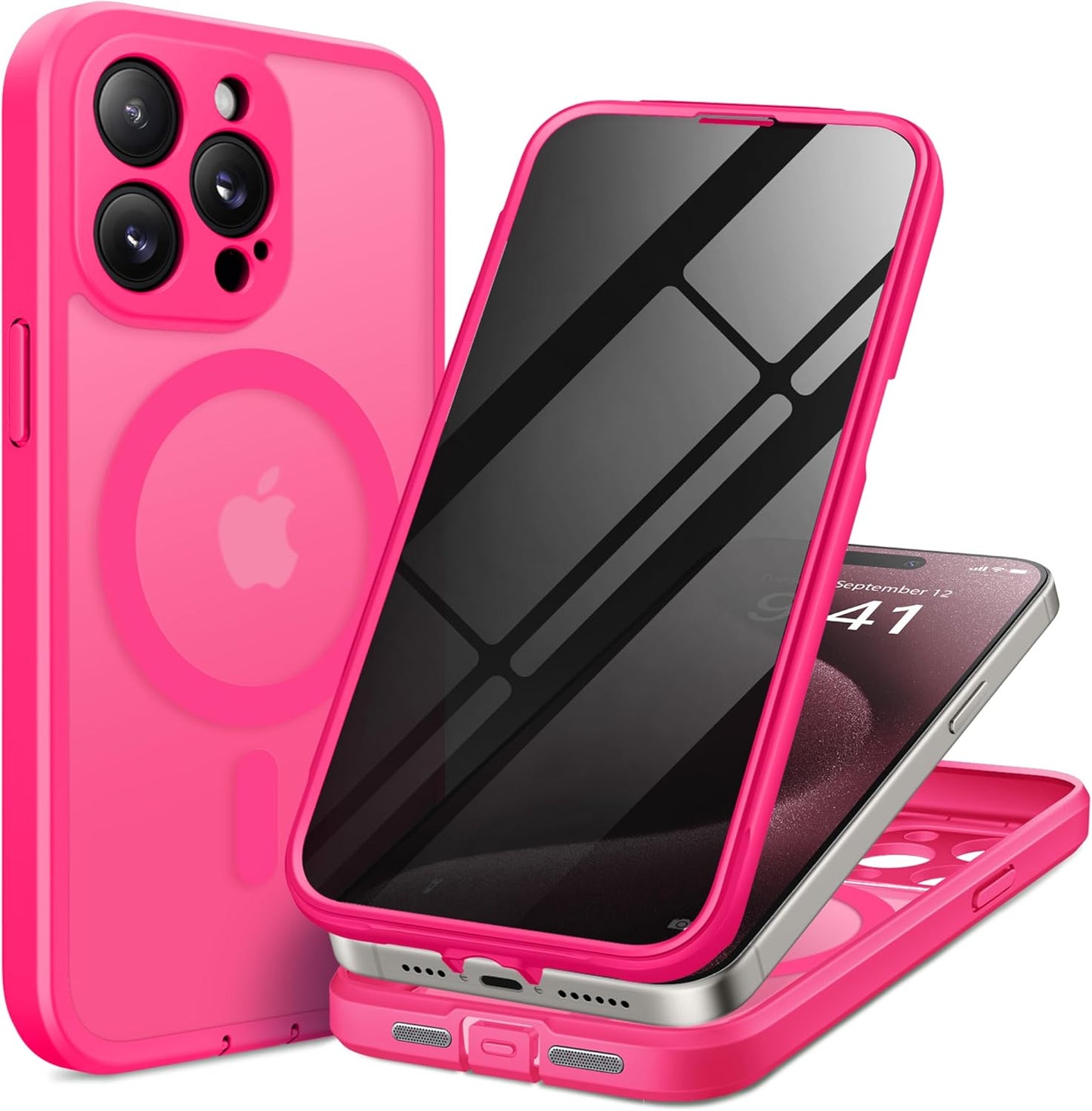 Magnetic for iPhone 15 Pro Max Case, Compatible with MagSafe, Built-in Privacy Screen Protector and Camera Protection, Anti Spy Full Body Dustproof Shockproof Hard Phone Case 6.7", Hot Pink