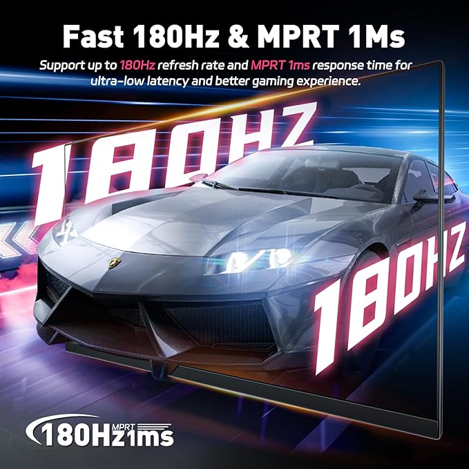 24 Inch FHD IPS Gaming Monitor, 180Hz, 1ms, HDMI VGA Ports VESA Compatible, Tilt Adjustable, Borderless Design, Multi-Screen Capability, AMD FreeSync & G-Sync Compatible, Build-in Speakers