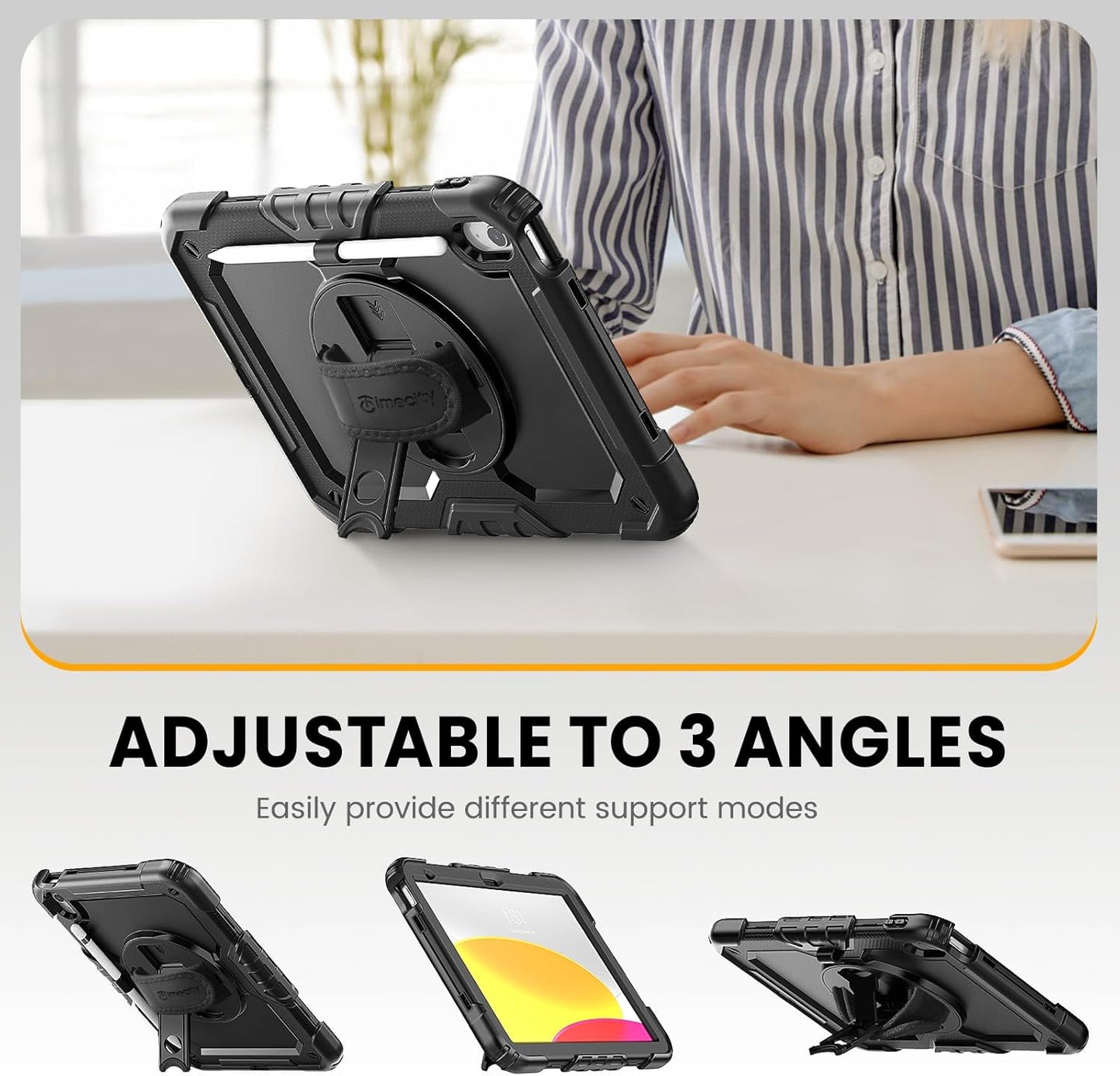 timecity for iPad (A16) 11th/ 10th Generation Case 11''/ 10.9 Inch (2025/2022) - Heavy Duty Protective Cover with Screen Protector, Stand, Shoulder Strap & Pencil Holder | Kids-Friendly - Black