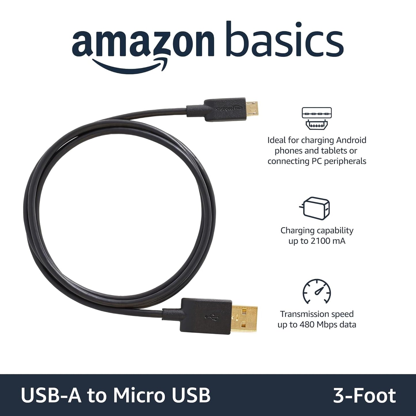 Amazon Basics 5-Pack USB-A to Micro USB Charging Cable, 480Mbps Transfer Speed with Gold-Plated Plugs, USB 2.0, 3 foot, Black