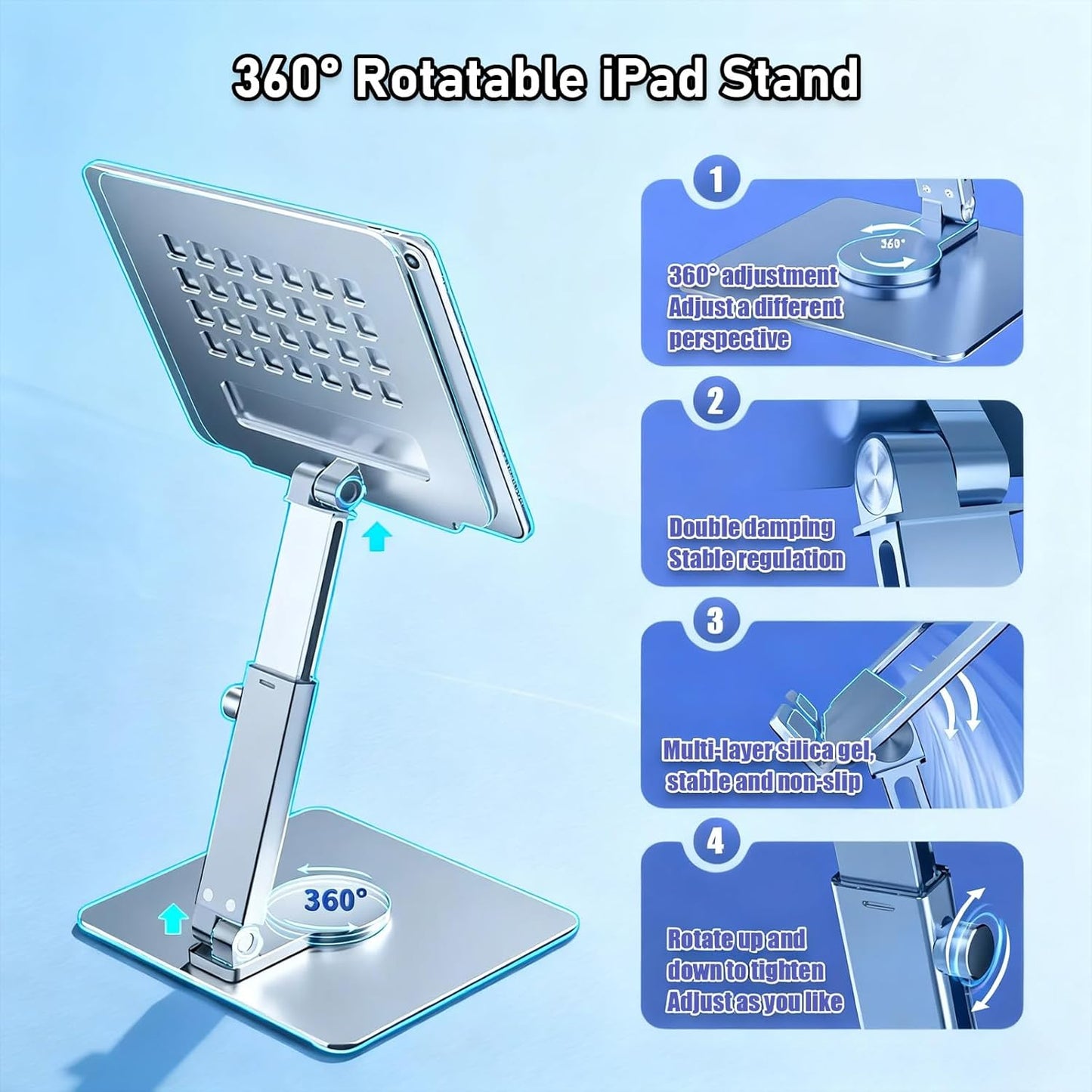 Tablet Stand, Height Adjustable with 360 Rotating Base - Desk Stand Holder, Rotating Display Stand for All 5.8-12.9” iPad Samsung Phone Tablet Kindle E-Reader and More