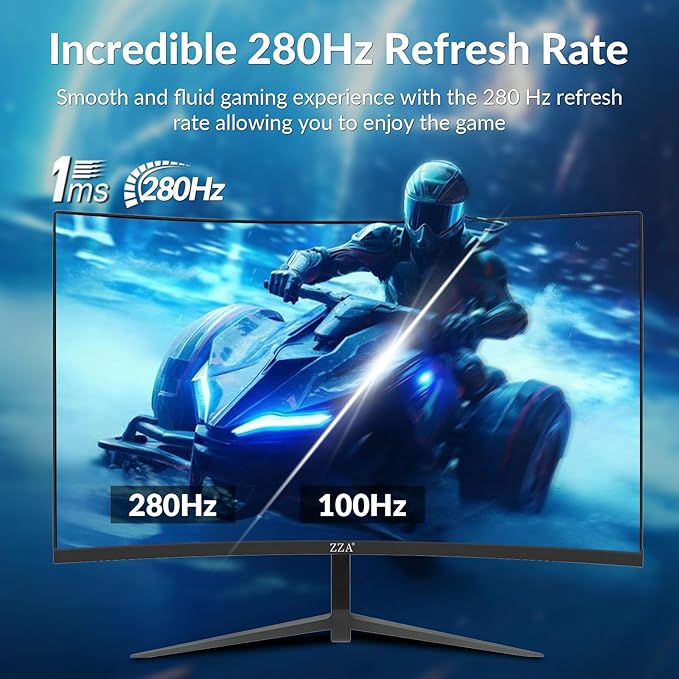 ZZA 27 Inch Gaming Monitor Curved, Curved Gaming Monitor Frameless Ultra-Fast 280Hz|240Hz 1ms FHD 1080P,Curved Monitor 1800R|FreeSync|99% sRGB|HDR|Low Blue Light|HDMI DP Ports|VESA Mount|Metal Stand