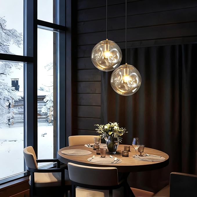 Modern Amber Concave Glass Pendant Light, Kitchen Island Lighting Single Globe Pendant Light Fixtures Century Kitchen Island Pendant Lighting for Bedroom Living Dining Room Light （Without Bulb）