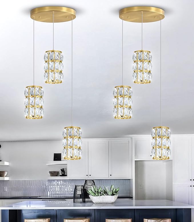 3-Lights Modern Crystal Pendant Lights for Kitchen Island LED Dimmable Glam Pendant Lighting Chandelier for Dining Room Hallway Corner Lamp Gold