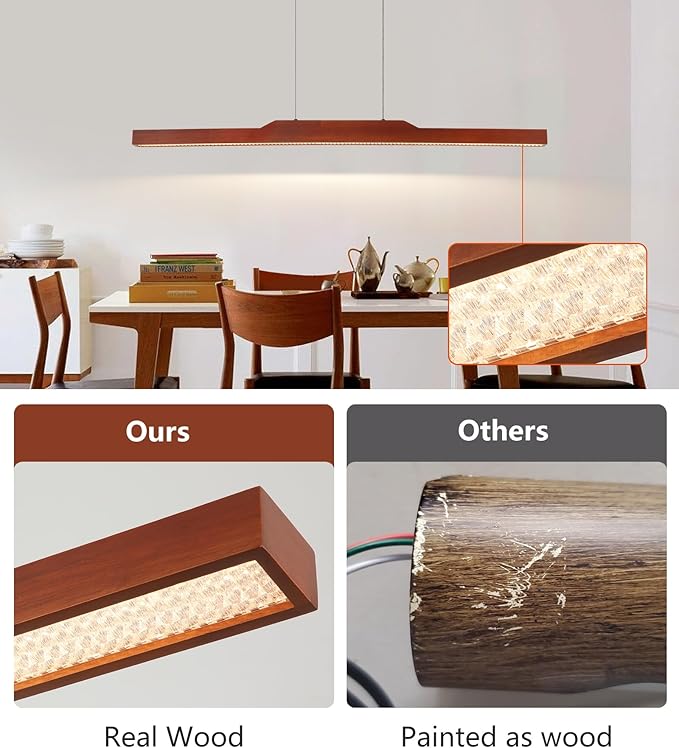 Q&S Linear Chandelier,Wood Pendant Light Fixtures for Dining Room,Modern Dimmable Hanging Led Chandelier with Remote 30W Kitchen Island Light for Bar Pool Office 39"