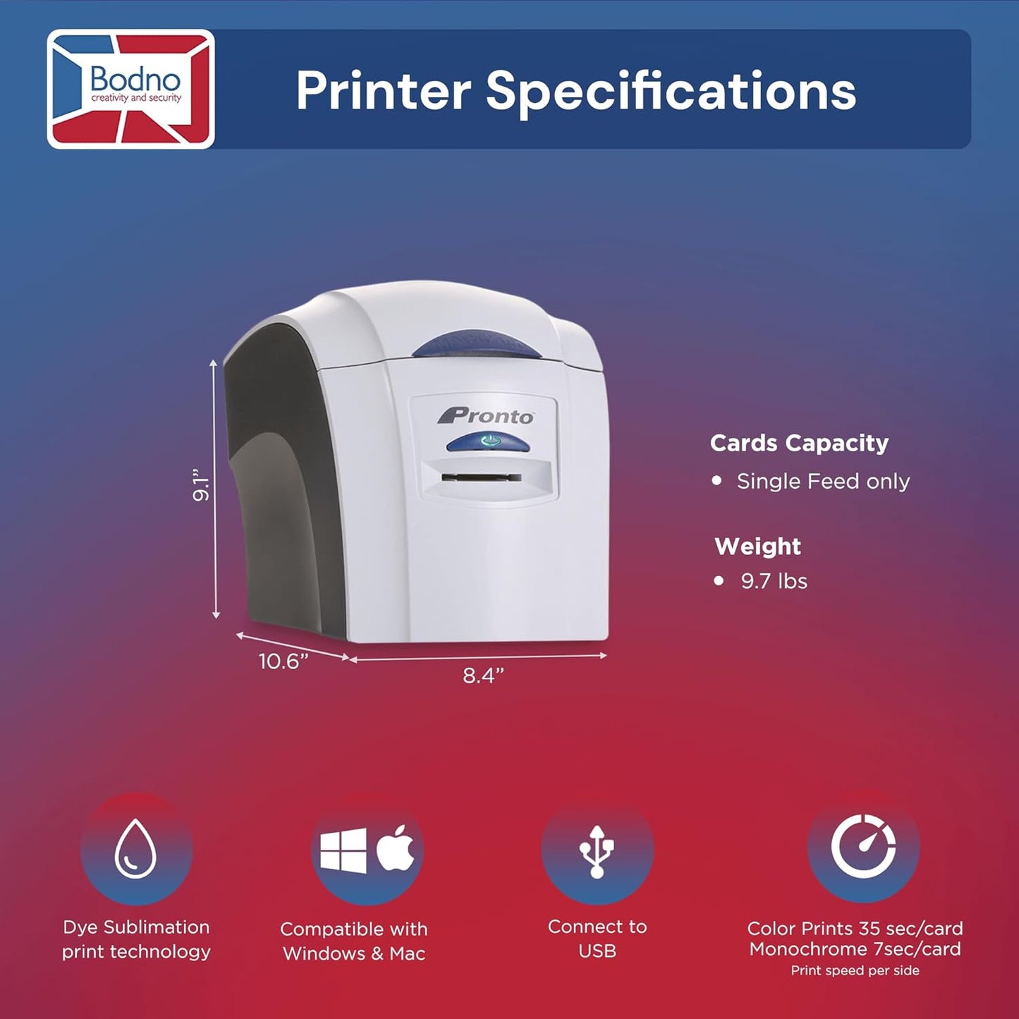 Bodno Magicard Pronto ID Card Printer & Super Supplies Package ID Software, Camera, 300 Cards and 300 Print Ribbon - Silver Edition