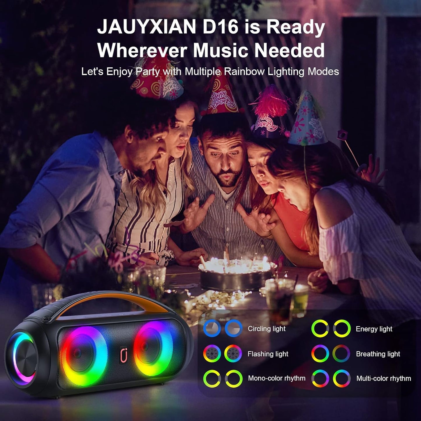 Portable Bluetooth Speaker, Loud Boombox Speaker with Subwoofer, Powerful Deep Bass Stereo Sound, IP65 Waterproof, Wireless Outdoor Speaker for Camping, Beach, Party, Support TWS/USB/TF Card/AUX