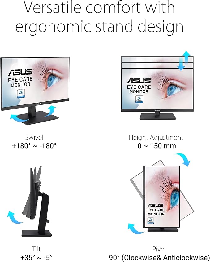 ASUS 27” 1080P Monitor (VA27EQSB) - Full HD, IPS, 75Hz, Adaptive-Sync, Speakers, Eye Care, Low Blue Light, Flicker Free, DisplayPort, HDMI, USB Hub, D-Sub, Frameless, Wall Mountable, Height Adjustable