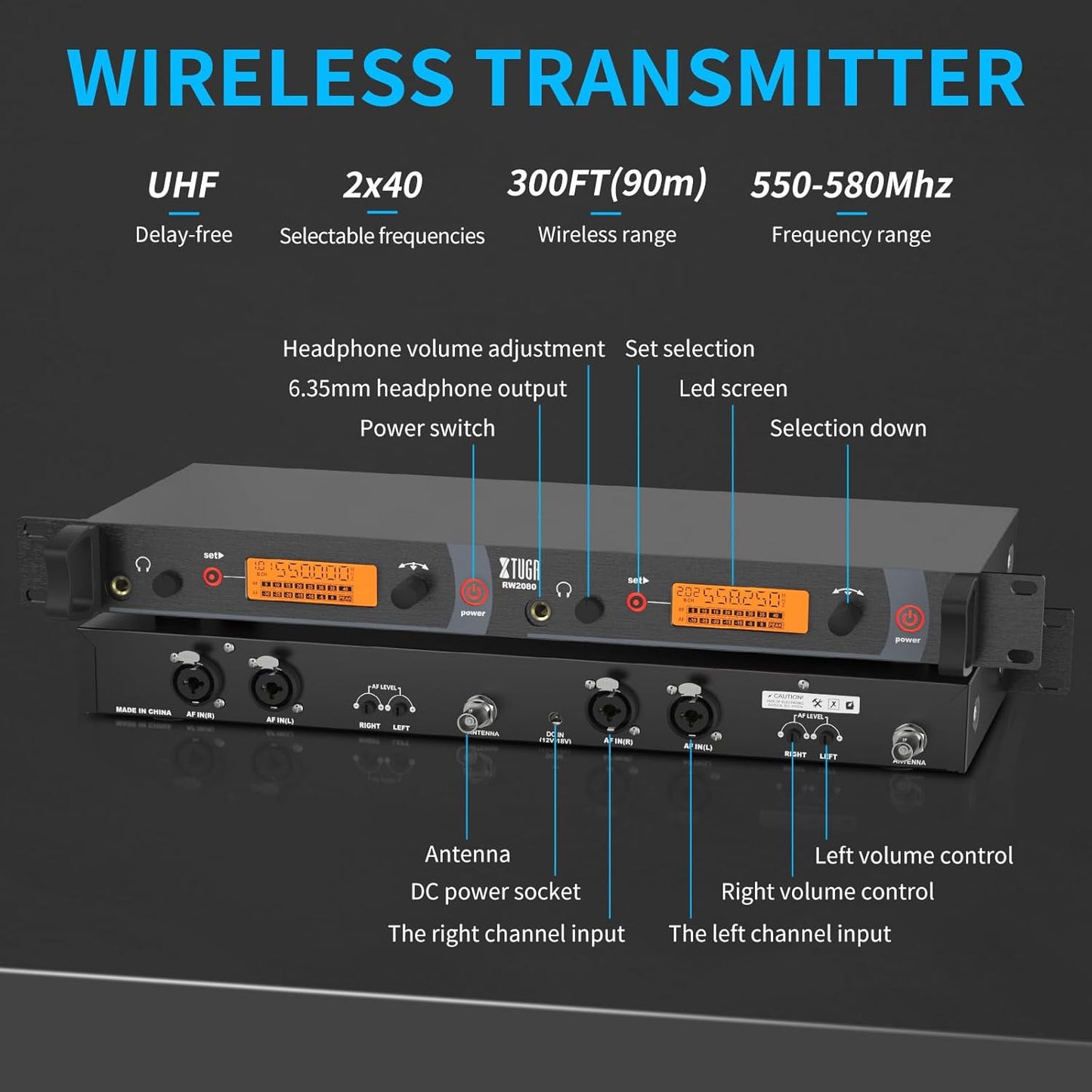 XTUGA RW2080 Wireless in Ear Monitor System Mono with 2 Bodypacks, Dual Channel Design IEM UHF System Stage Monitors Earphone 300Ft Range, 40 Frequencies for Band, Studio, Musicians, 902-928mhz