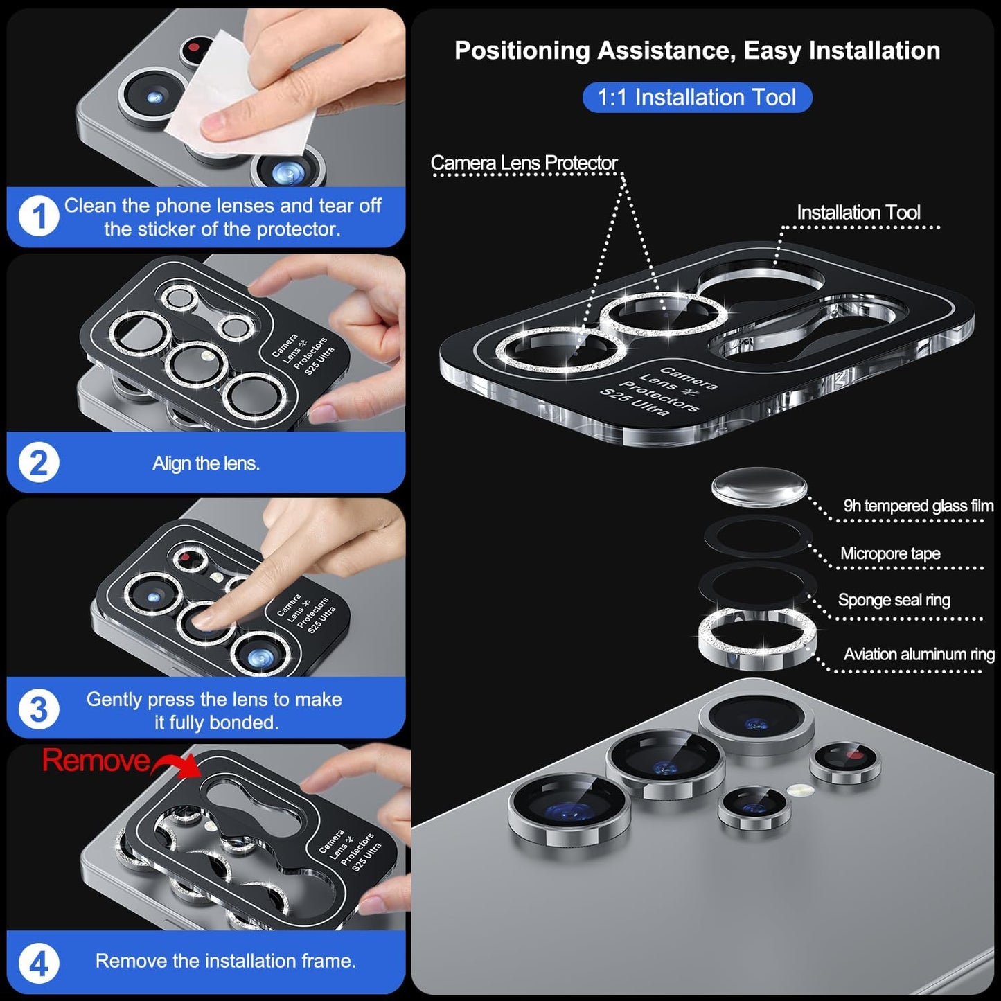WSKEN for Samsung Galaxy S25 Ultra Camera Lens Protector - Ultra Thin Case Friendly, 9H Shatterproof Tempered Glass with Aluminum Metal Circle Camera Screen Protector Cover Accessories, Glitter