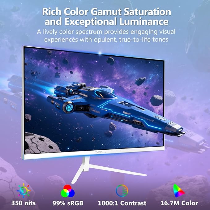 Z-Edge 24 inch 240Hz 165Hz Gaming Monitor, FHD 1080p, MPRT 1ms, IPS Monitor Gaming, 350nits, 16.7M Colors, 99% sRGB, UG24PJ Frameless Bezel, DP x1, HDMI x1(White)