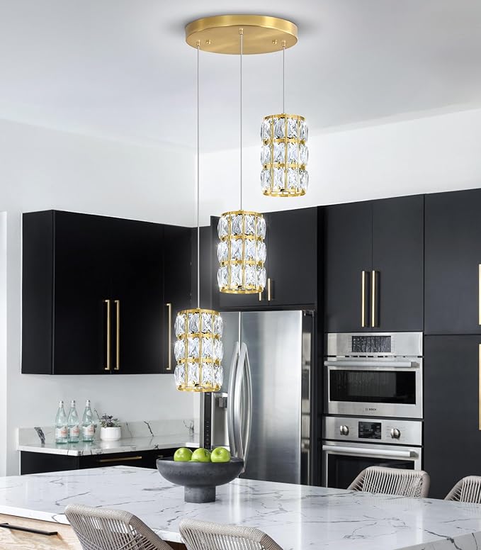 3-Lights Modern Crystal Pendant Lights for Kitchen Island LED Dimmable Glam Pendant Lighting Chandelier for Dining Room Hallway Corner Lamp Gold