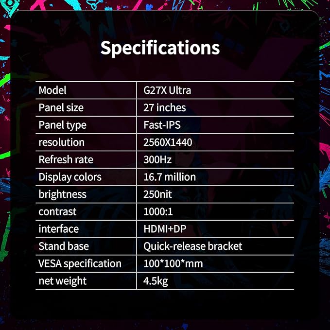 27-inch 300Hz Gaming Monitor, 2K QHD (2560x1440),1MS, Fast IPS Panel Computer Monitor, Support FreeSync,High Brightness 250 cd/㎡, 100% sRGB, HDMI,DP Ports (G27X Ultra)