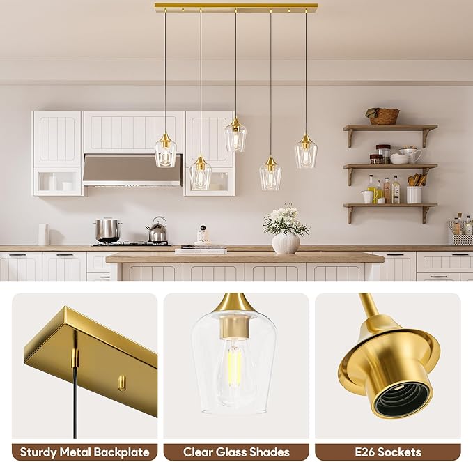 VONLUCE Pendant Lights Kitchen Island, Brushed Nickel Pendant Light Fixtures with E26 Base & Adjustable Cable, Modern Pendant Lighting with Glass Shade for Living Room Bedroom Hallway, 6 Packs