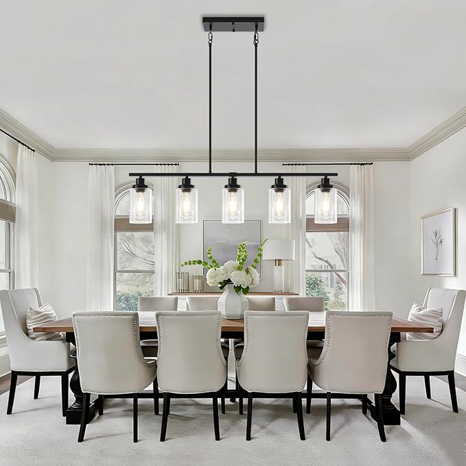 Modern Island Lights for Kitchen Black Dining Room Light Fixtures Over Table 5-Light Farmhouse Linear Chandelier Adjustable Hanging Kitchen Lights Ceiling Clear Glass Pendant Lighting Over Island