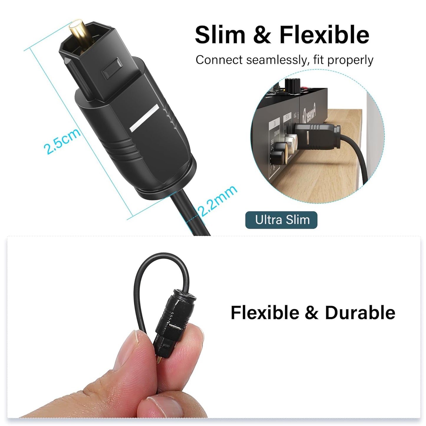 Adoreen Ultra-Thin Slim Digital Optical Audio Cable 15FT, Fiber Optic SPDIF Toslink Cord Gold-Plated High-Speed Flexible & Durable for TV Soundbar Home Theater Game Console PS4 Xbox Samsung +Ties