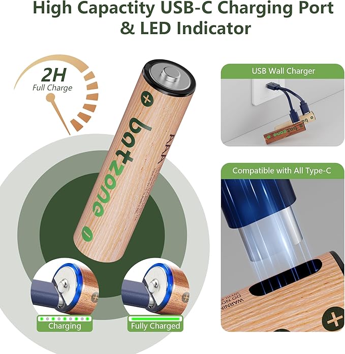 Rechargeable AAA Batteries, 814mWh AAA Batteries Lithium, Long Lasting USB C AAA Rechargeable Battery, 8 Pack with 2 USB-C 2-in-1 Charging Cable Over 1000+ Cycles
