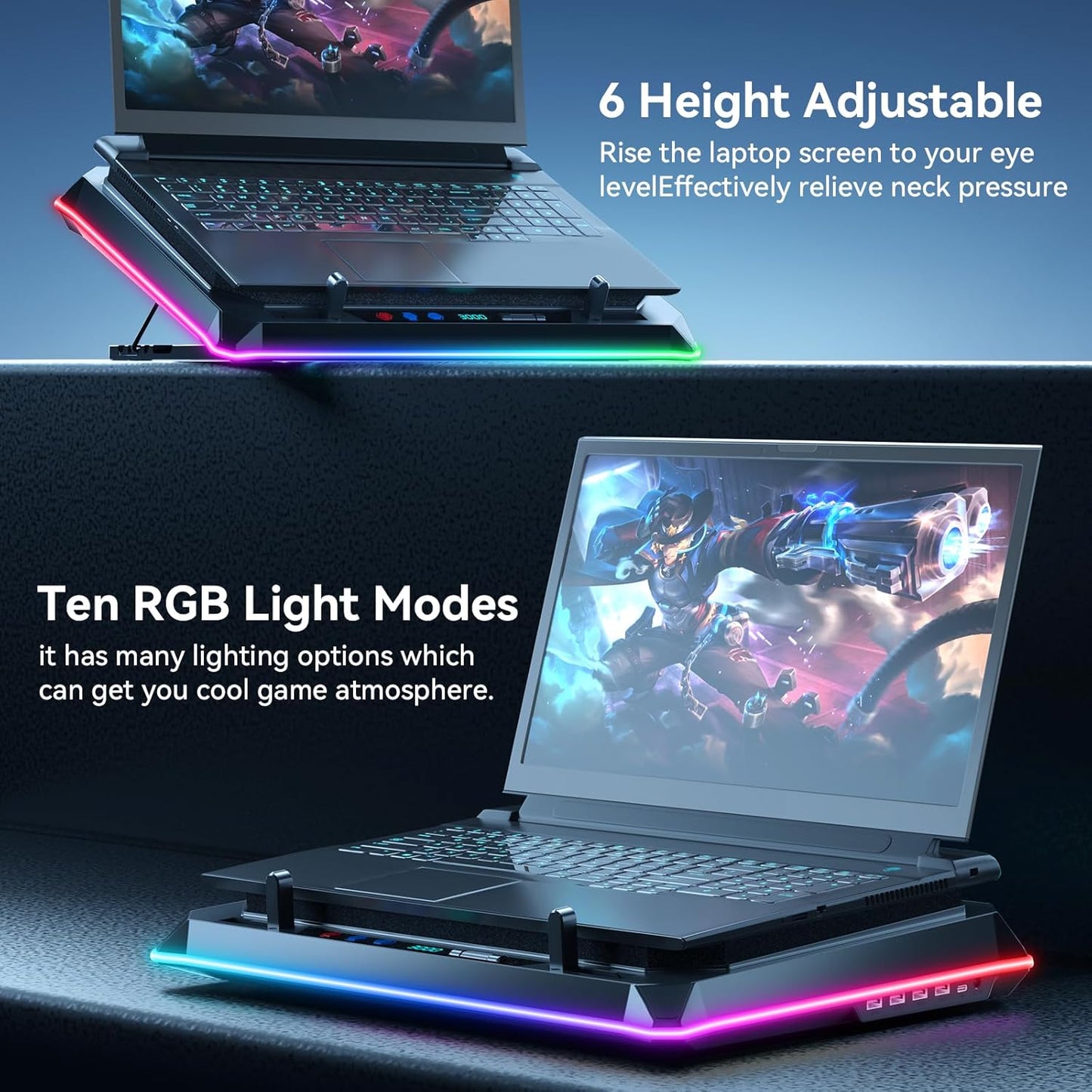 ICE COOREL Gaming Laptop Cooling Pad with Powerful Turbofan, Laptop Fan Cooling Pad for Laptop 15-21 Inches, RGB Laptop Cooler Stand with 8 Height Adjustable, Infinitely Variable Speed, LCD Screen