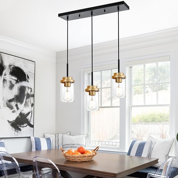 MELUCEE 23.6 Inches Dining Room Light Fixture Hanging 3-Lights Kitchen Pendant Light Fixture Over Island Black Ceiling Hanging Lamp with Clear Glass Shade, Gold Socket