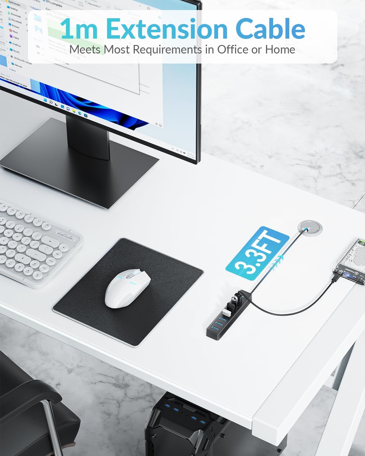 PHIXERO 7 Port USB Hub, 3.3FT/1M Long Cable USB 3.0 Hub Multi USB Port Hub Adapter Extension USB Splitter USB Hub for PC, Compatible with All USB 3.0/2.0/1.1 Device