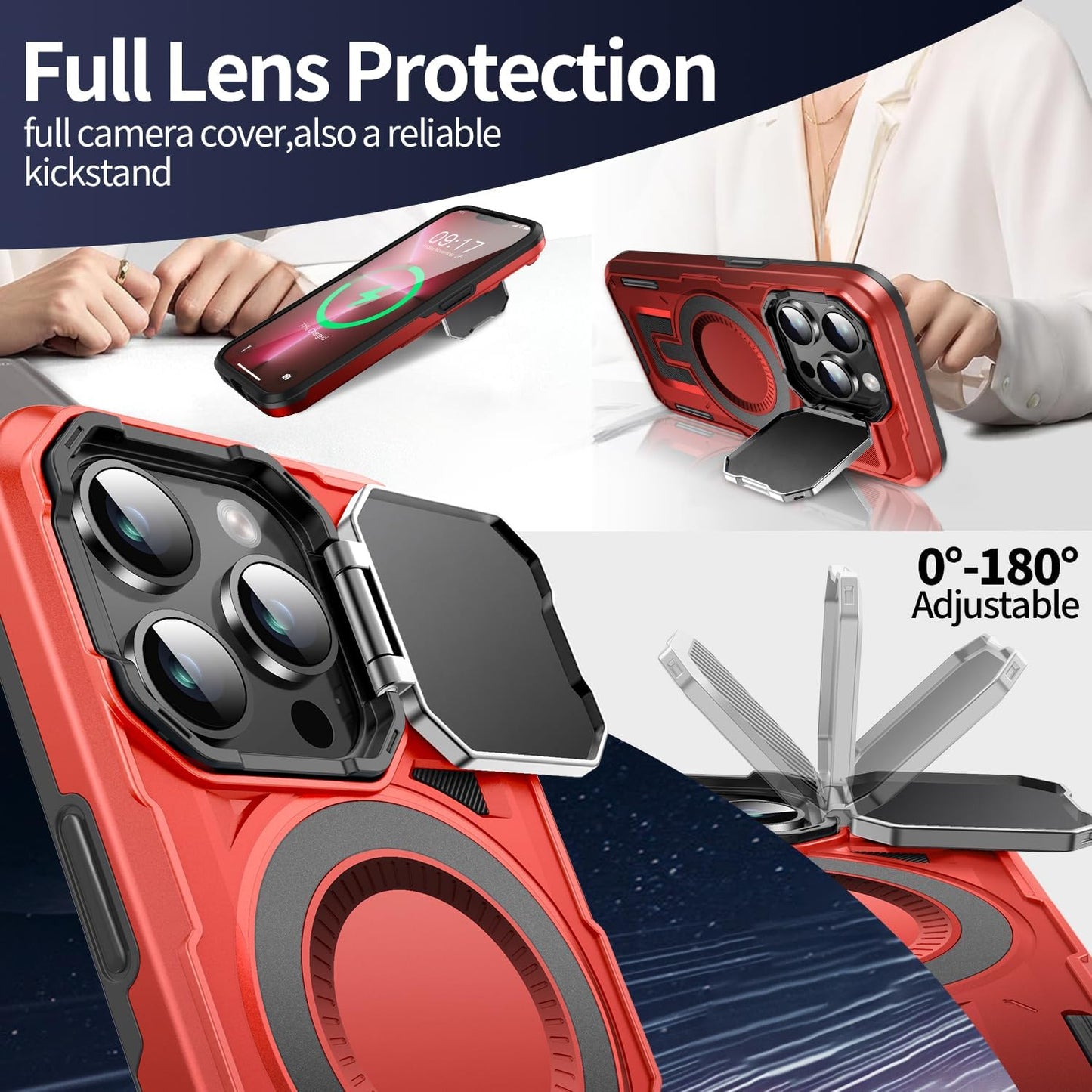 Camera Stand Case for iPhone 13 Pro Max, [Compatible with MagSafe] [Lens Cover] 2024 Version Military Grade Protective Soft Case for iPhone 13 Pro Max 6.7 inch Men Women, Red