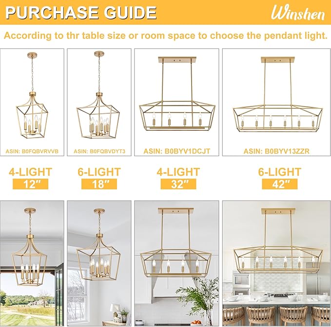 4-Lights Golden Pendant Light Fixtures, Modern Lantern Linear Chandelier with Adjustable Height, Dining Room Ceiling Lighting Hanging for Over Table