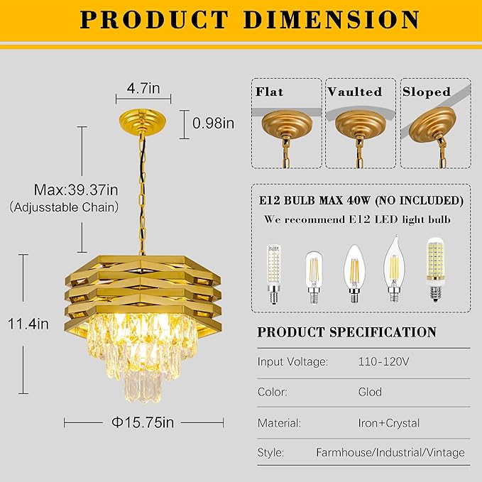 5-Light Gold Crystal Pendant Light 15.75" Modern Crystal Chandelier 3-Tier Luxury K9 Hanging Lighting Fixtures for Dining Room Hallway Living Room Bedroom Foyer Entryway Kitchen Island
