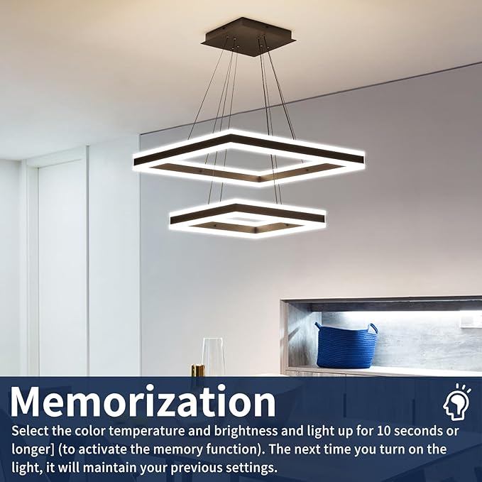 Modern Chandeliers for Living Room, 2 Ring Square LED Pendant Light Fixture, 3000K-6500K Dimmable Dining Room Ceiling Hanging Light Over Table, Modern Kitchen Island Lighting Adjustable Height