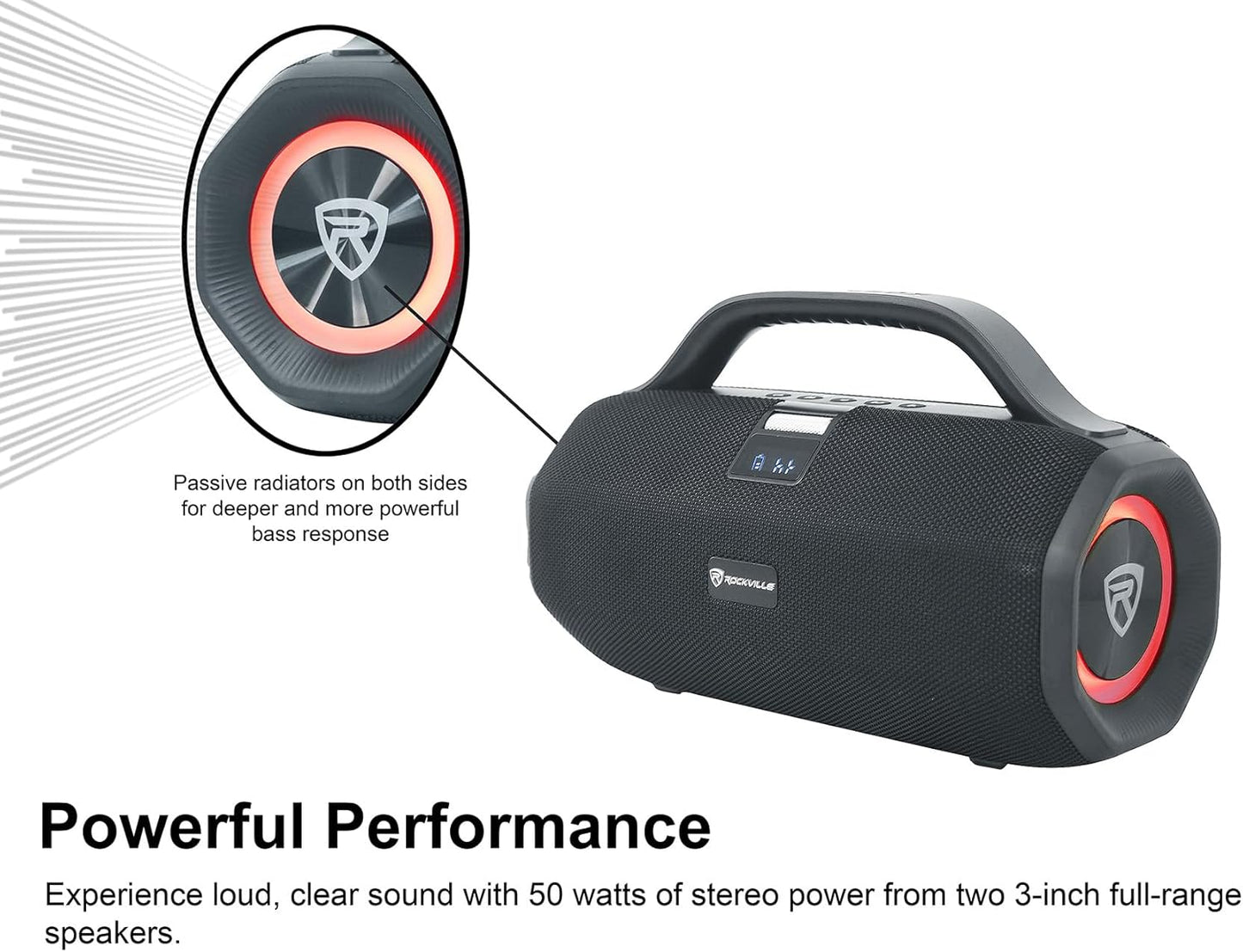 Rockville SONIC-50L Portable Bluetooth Speaker, 50W Stereo Sound, Dual LED Rings, IPX5 Water-Resistant, Upto 24-Hour Battery, TWS, USB/TF Card/AUX/Mic Inputs, for Outdoor and Indoor Events