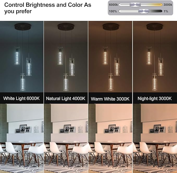 Pendant Light Kitchen Island with Remote Control, Dimmable & Adjustable Color Temperature 3000K/4000K/6000K, Modern Brushed Nickel & Clear Glass Lighting Fixture for Dining Room