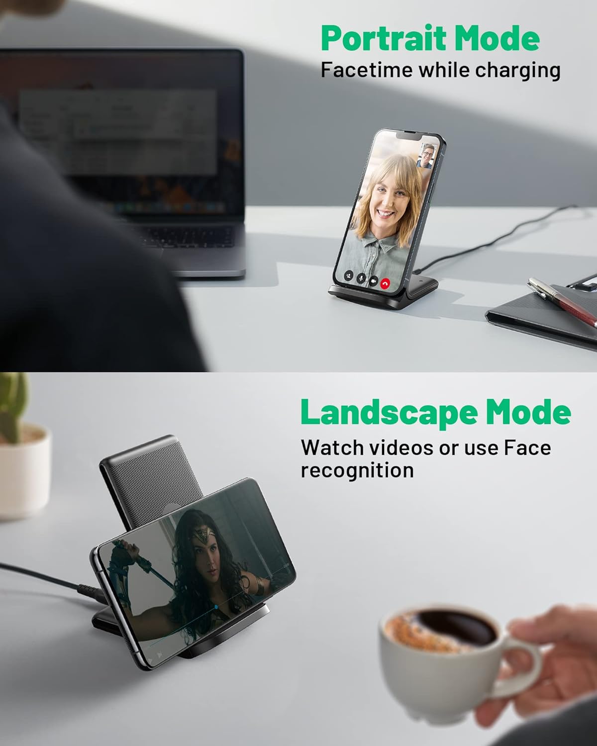 [2-Pack] Wireless Charger, INIU 15W Qi-Certified Fast Wireless Charging Stand with Sleep-Friendly Adaptive Light Compatible with iPhone 16 15 14 13 12 Pro Max Plus Samsung Galaxy S22 S21 Note 20 etc