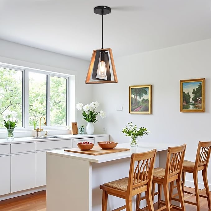 3 Pack Kitchen Island Pendant Lights, Black Industrial Metal and Vintage Wood Hanging Light, Mini Farmhouse Chandelier, Adjustable Height Rustic Ceiling Lamp for Entryway, Dining Room, Foyer