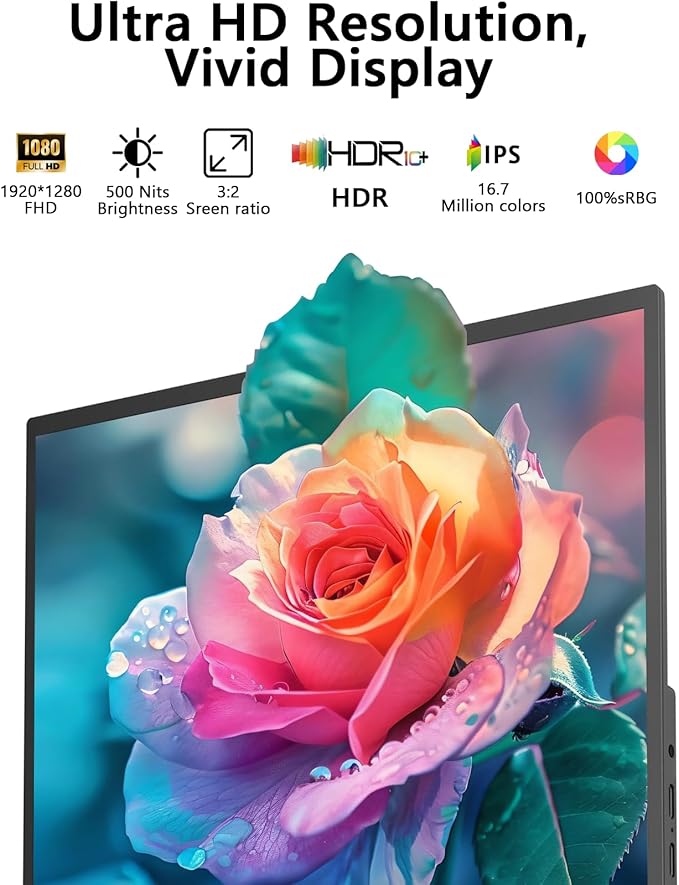 Portable Monitor for Laptop, 10.5" Screen Extender 1920x1280P IPS Travel Monitor 3:2, 500nits, 2000:1, w/45° Adjustable Stand, Standard HDMI USB-C Computer Display for Laptop PC Phone Mac PS4 Xbox