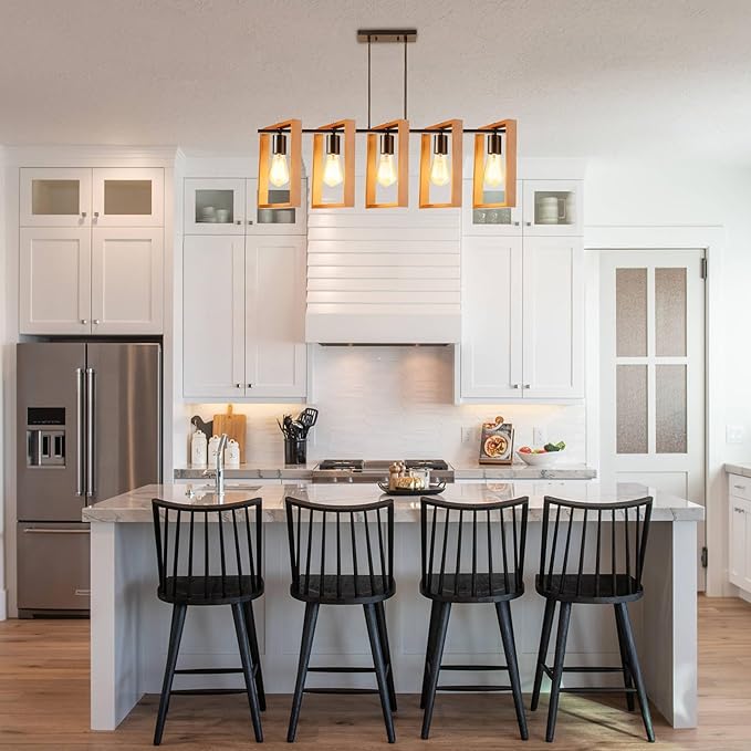 5-Light Island Lights for Kitchen, Rectangular Wood and Black Metal Kitchen Island Chandelier 41.3" Adjustable Rustic Modern Dining Room Light Fixtures Over Table, Chandeliers for Dining Room