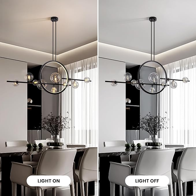 CROSSIO Modern Black LED Pendant Light, 10-Light Kitchen Island Chandelier with Glass Globe Shades, Adjustable Linear Light Fixture for Dining Room and Living Room