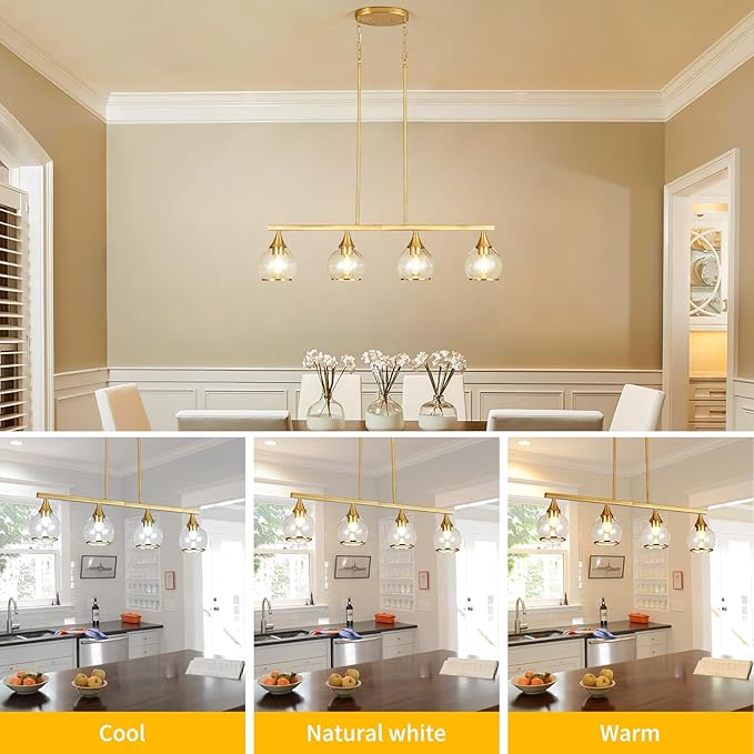 Island Light for Kitchen, 4-Light Gold Kitchen Island Linear Hanging Pendant Chandeliers, Brushed Gold Dining Room Light Fixture Over Table with Clear Round Glass Shades