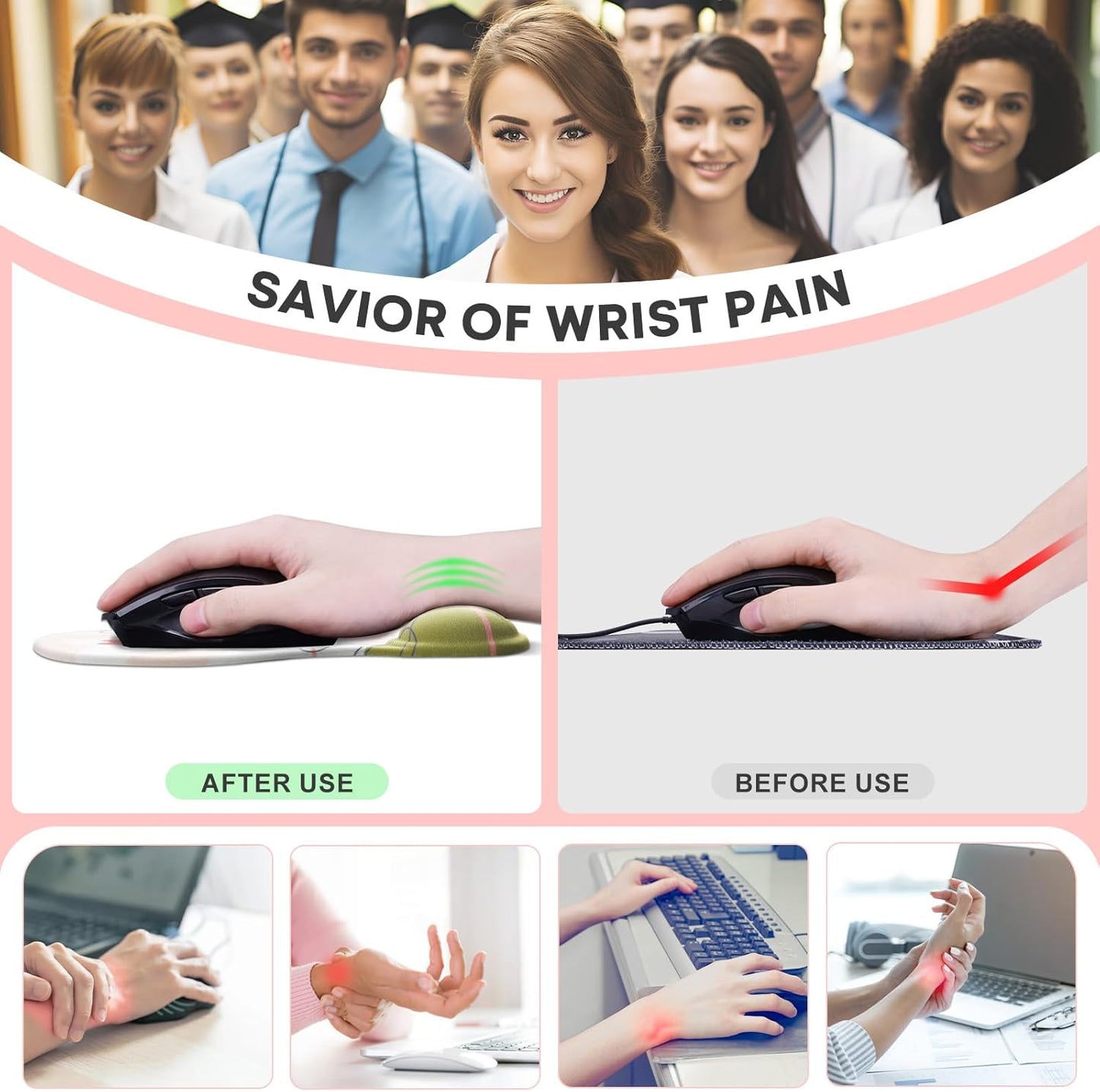 JIKIOU Mouse Pad, 2 Pack Ergonomic Mouse Pads with Comfortable Gel Wrist Rest Support and Smooth Cloth, Non-Slip PU Base for Easy Typing Pain Relief Durable and Easy to Clean Small Rose