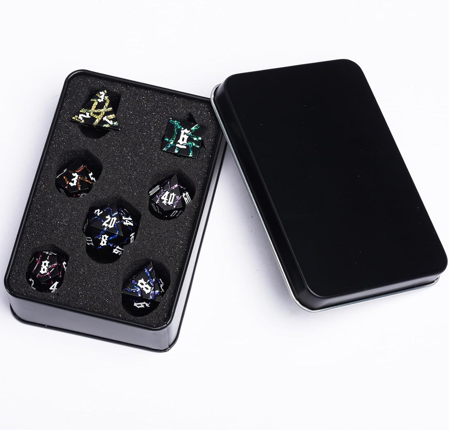 Dice Set D&D,Dungeons and Dragons Metal Dice Set with Box, Crack Glitter Polyhedral Dice for Role Playing Game (Matte Black 7 Colors)