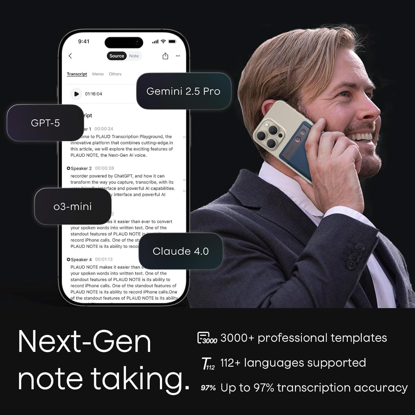 Plaud Note AI Voice Recorder, AI Note Taking Device, Transcribe & Summarize, Support 112 Languages, 64GB Navy Blue Digital Audio Recorder for Lectures, Meetings, Calls, with Magnetic Dark Blue Case