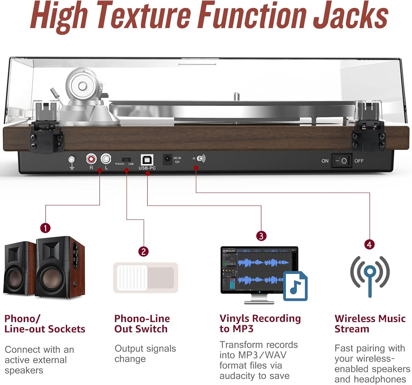 Turntable Record Player Wireless Output Vinyl Players Aluminium Platter and Tonearm Belt-Drive LP Turntables 33 45 RPM Phono Audio AT-3600L MM Cartridge RCA Line USB Digital to PC Recording Dark Brown