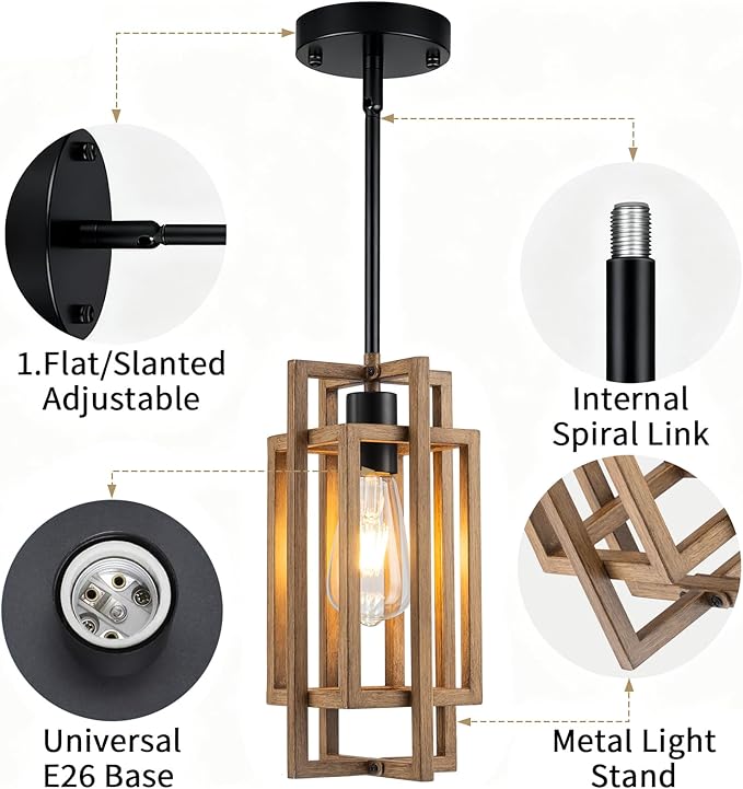 Farmhouse Pendant Light Fixtures, Retro Wood Texture and Black Finish Pendant Lights 59'' Adjustable Small Square Pendant Ceiling Hanging Light for Kitchen Island Dining Room Entryway