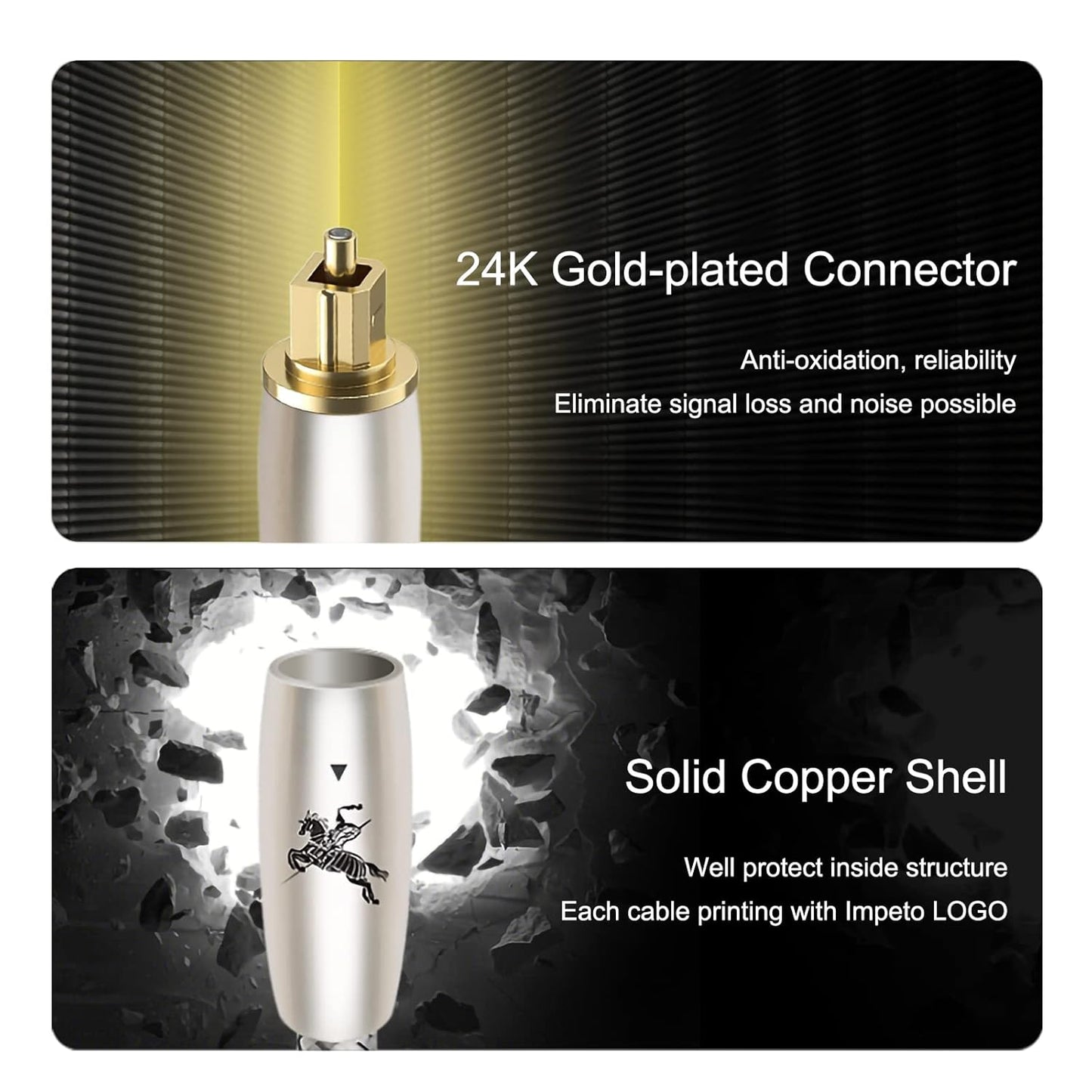 Digital Fiber Optic Audio Cable for Sound Bar Toslink Cord Male to Male 24K Gold Plated Connector Optical Audio Cable 6ft 10ft S/PDIF Glass Core, 3.3feet/1M IMP-2201