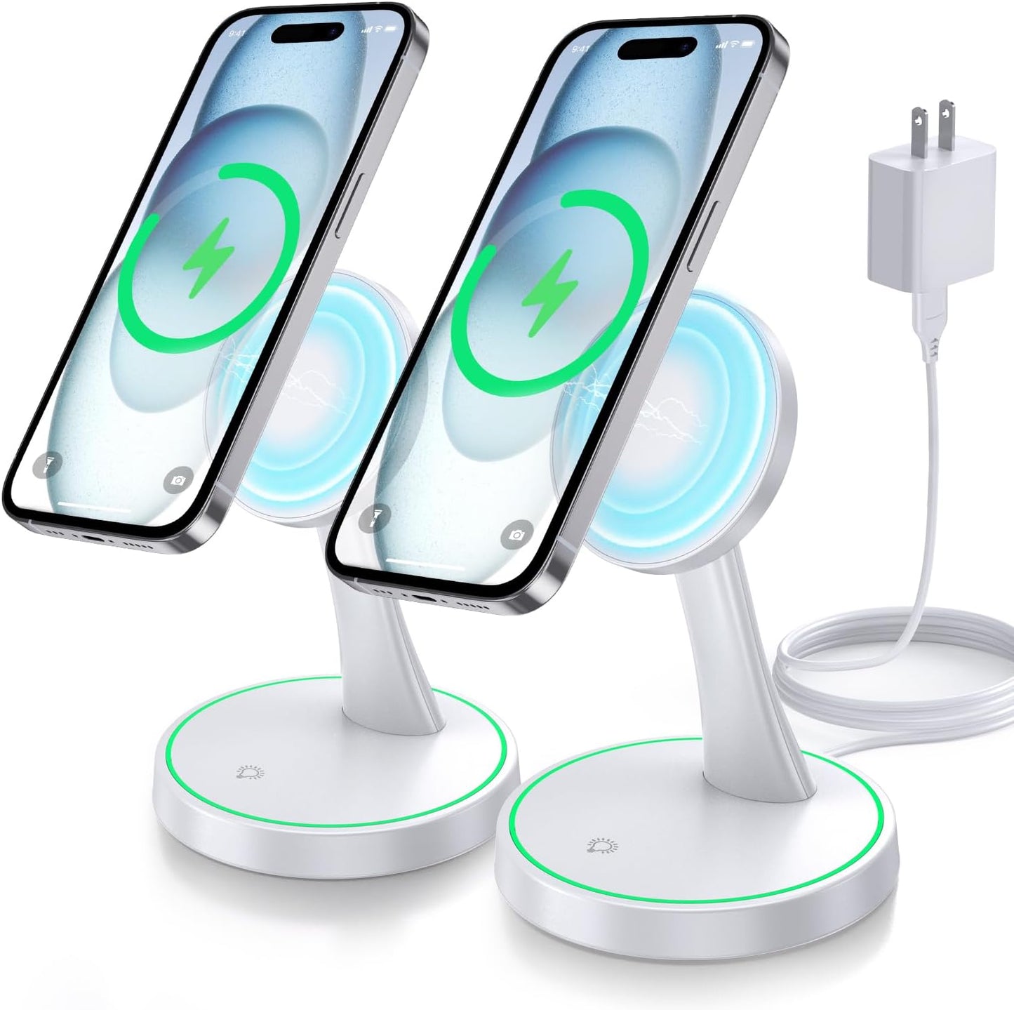 2 Pack Magnetic Wireless Charger Stand 15W Fast Mag-Safe Charger for iPhone 16/16 Pro/16 Plus/16 Pro Max/15/14/13/12 Series Magnet Wireless Charging Station/Pad with Sleep-Friendly Light for AirPods