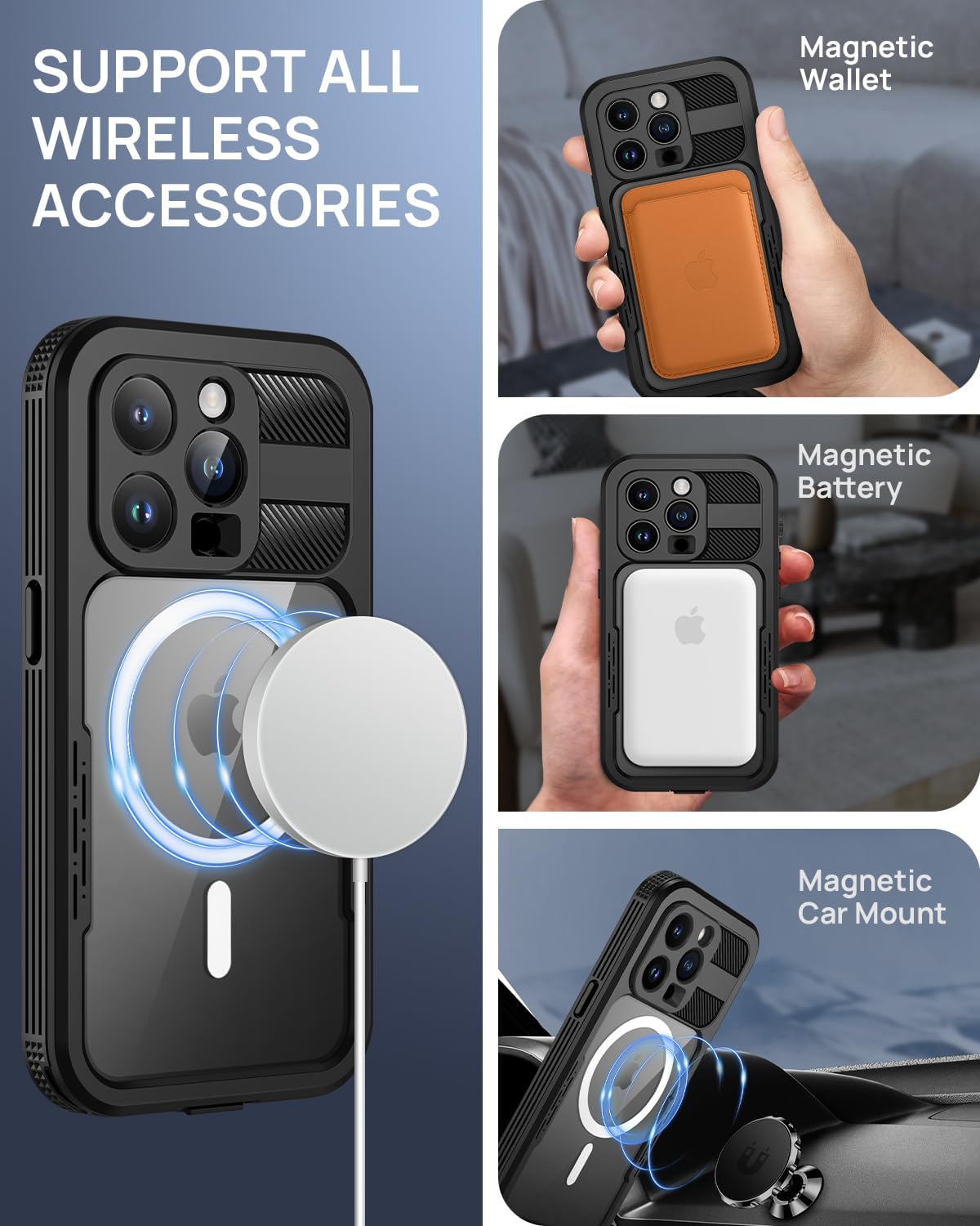 Lanhiem Magnetic for iPhone 15 Pro Max Case, IP68 Waterproof Dustproof Case, [Compatible with Magsafe] [Built-in Screen Protector] Full Body Heavy Duty Rugged Phone Cover 6.7 inch, Black/Clear