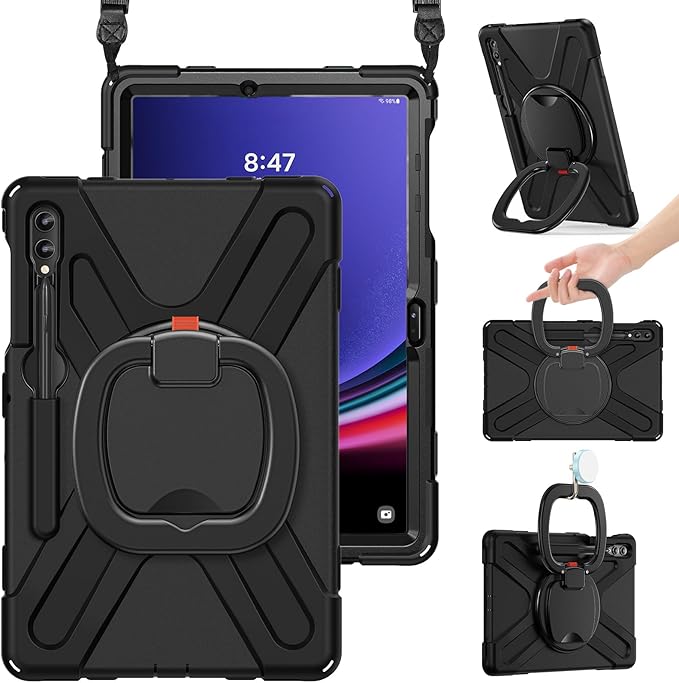 BRAECN Galaxy Tab S9+/S8+/S7+ Case, Heavy Duty Silicone with S Pen Holder, Stable Kickstand/Handle, Shoulder Strap for Samsung Tab S9 Plus 2023-Black