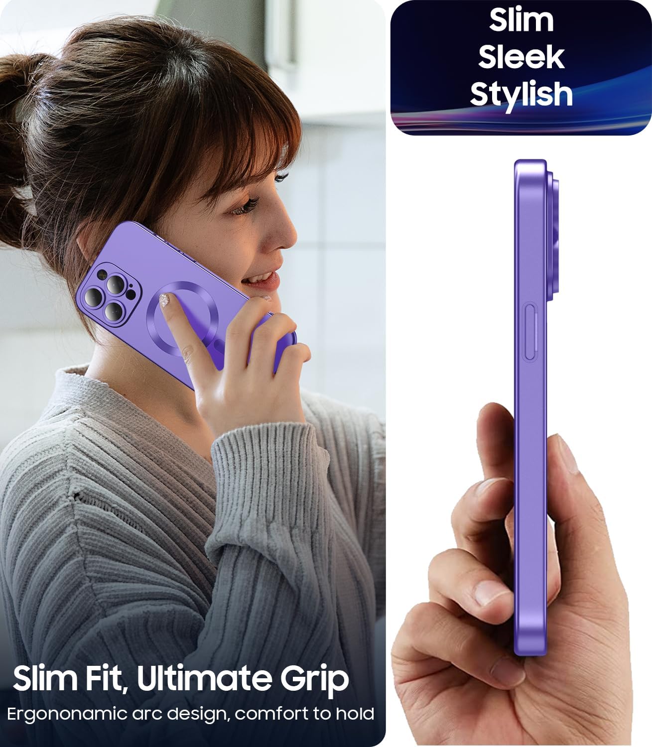 Magnetic for iPhone 15 Pro Case [Compatible with MagSafe][Built-in Camera Lens Protector] Slim Soft Silicone Bumper Shockproof Metallic Shine Phone Case (Purple)