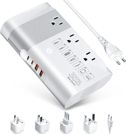 DOACE 220v to 110v Voltage Converter for European Travel: Max 500W Pure Sine Wave Voltage Converter US to Europe - 220 to 110 International Power Adapter Plug Combo Step Down Transformer White